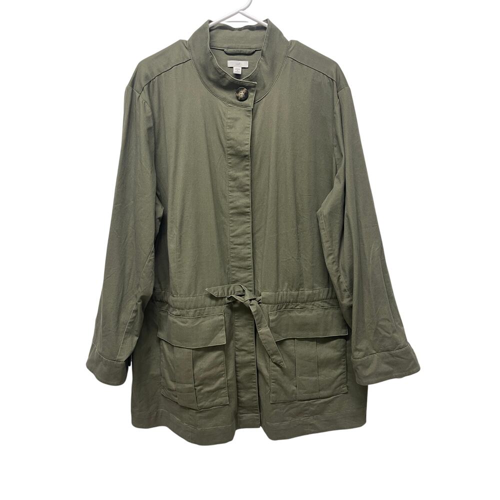 J. Jill Anorak Military Long Line Jacket dark green button front tie waist 2X